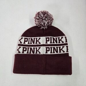 PINK Victoria's Secret Women Hat One Size Red Striped Beanie Logo Pom Pom Knit
